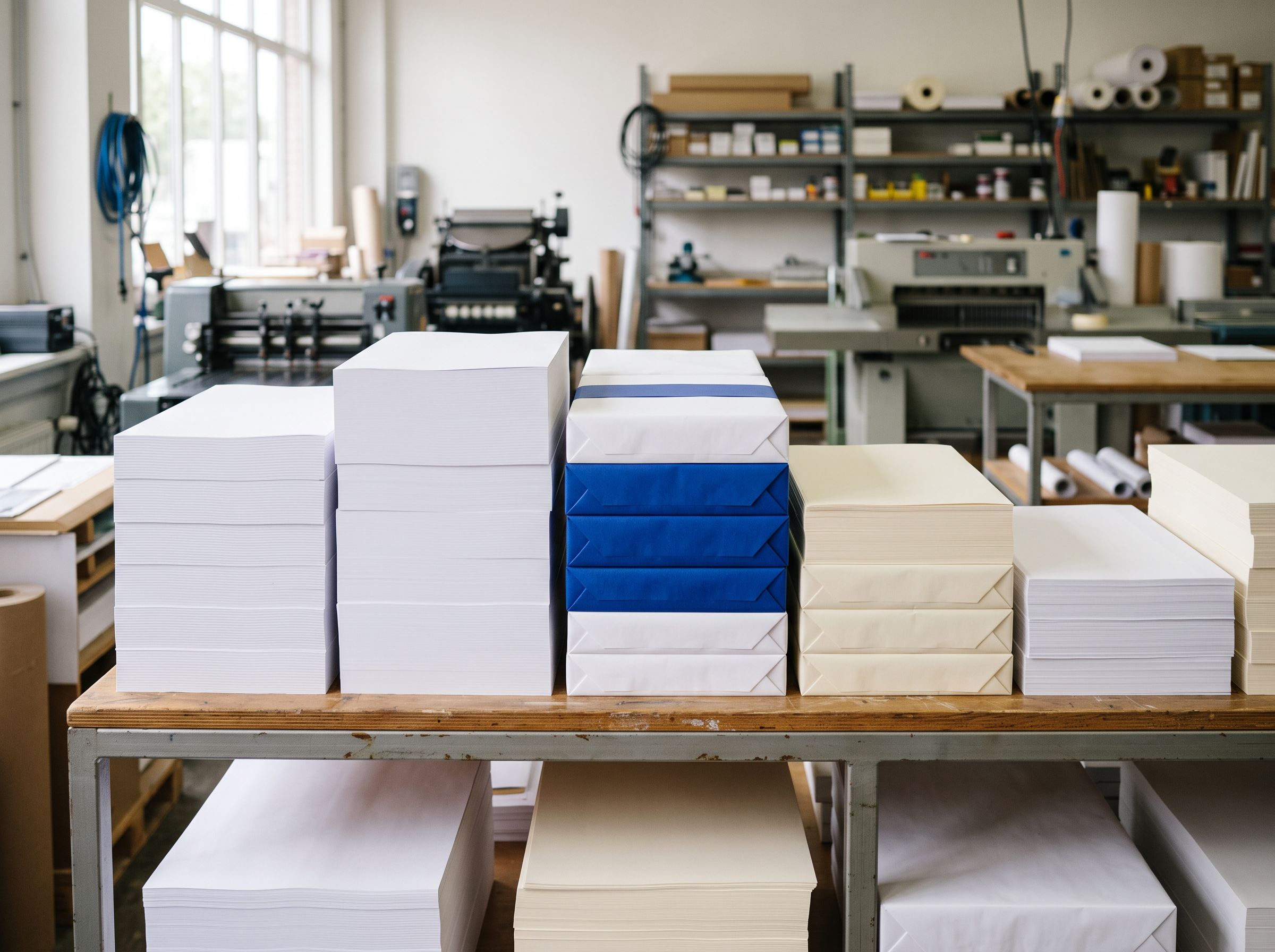 Stacked printing paper. Studio still.
