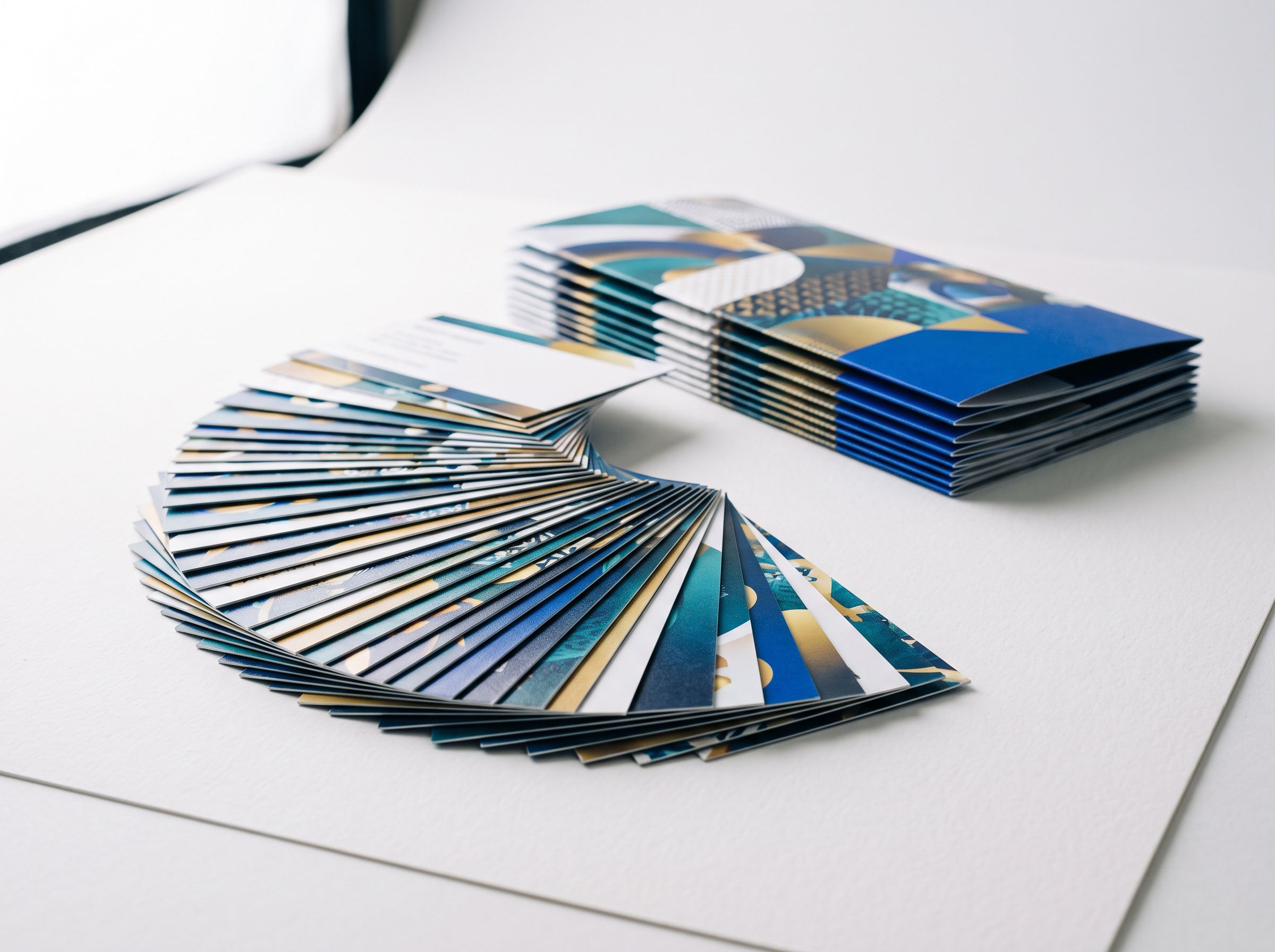 A fanned stack of printed color sheets. Studio still.